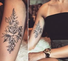 two pictures of the same woman's arm with flowers on it