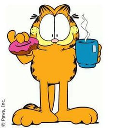 the garfield cat is holding a cup of coffee and eating a donut happy saturday