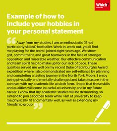 a green poster with the words example of how to include your hobbies in your personal statement