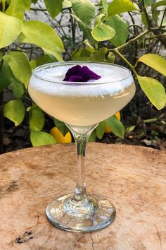 a white cocktail sitting on top of a wooden table