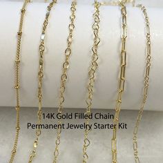 This is a group of the most popular gold filled chains in different sizes, from delicate to medium size, cost effective collection for a new permanent jewelry business. We offer different packs, please choose the one you need. 3 feet pack: 3 feet for each style chain- can make about 30 bracelets 5 feet pack: 5 feet for each style chain- can make about 48 bracelets Satellite Chains - 1.9mm balls, Cable link -1.3 x 1.5mm Dapped Bar chains -Bar Dimensions: 8.5mm x 1.3mm Figure 8 chain-Link size: 3m Permanent Jewelry Business, Bar Dimensions, Jewelry Chains, Permanent Jewelry, Jewelry Chain, Heart Chain, Figure 8, Foot Jewelry, Portable Travel