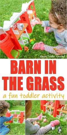 a collage of photos with the words barn in the grass and children playing outside