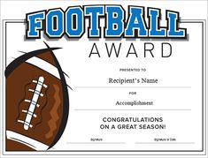 a football award certificate is shown