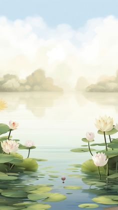 water lilies are floating on the surface of a lake with clouds in the background