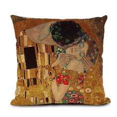 a decorative pillow with an image of a woman hugging