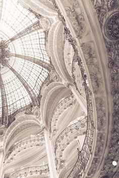 black and white photograph of an ornate ceiling in a building with glass domes on top