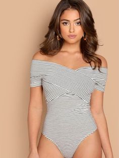 Shein black and white off the shoulder bodysuit #sheinstyle #sheinfind #affordablestyle #chic #casualchic #bodysuit #affordablefashion #shein #LTKunder50 #LTKworkwear Elegant Bodysuit, Off The Shoulder Bodysuit, Ribbed Knit Bodysuit, Casual Bodysuit, Cami Bodysuit, Ruffle Bodysuit, Mode Boho, Knit Bodysuit, Short Sleeve Bodysuit