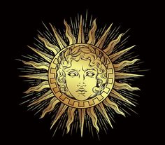 a sun with a face in the center and rays coming out of it on a black background