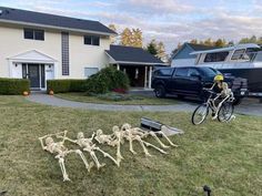 there is a fake skeleton on the lawn next to a bike and trailer in front of a house