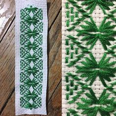 two pieces of green and white crocheted fabric on a wooden table next to each other