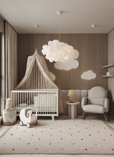 a baby's room with a crib, rocking chair and lamp in it