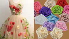 Flower Dress Design, Flower Gown, Satin Ribbon Roses, Flowery Dresses, Ribbon Rose, Paper Dress, Net Dress