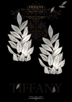 an advertisement for tiffany's new jewelry line, featuring leaves and scrolls on black background