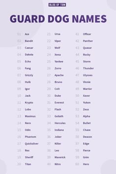 a purple poster with the names of guard dog names