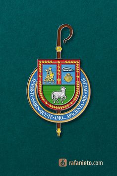 a coat of arms emblem on a green background with a brown wooden stick in the foreground