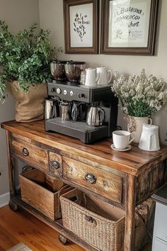 a coffee maker sitting on top of a wooden table