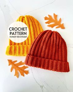 two knitted hats with the text crochet pattern instant download on top