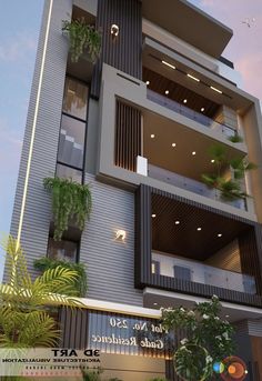 an apartment building with plants growing on the balconies