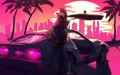 a man standing next to a car in front of a pink sky with palm trees