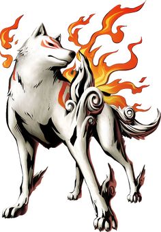 a drawing of a white dog with flames on it's back