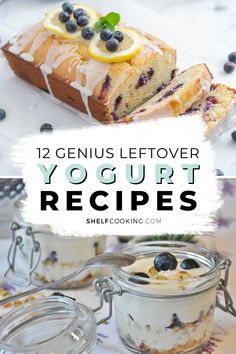 blueberry lemon yogurt dessert with text overlay that reads, 12 genius leftover yogurt recipes