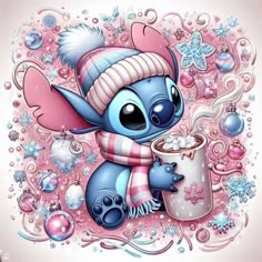 a cartoon character holding a coffee cup with snowflakes on the ground behind it