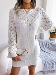 Estilo Hipster, White Sweater Dress, Woolen Dresses, Winter Knit Sweater, Stil Elegant, Boatneck Sweater, Long Sleeve Sweater Dress, Mini Sweater Dress, Sweater Dress Women