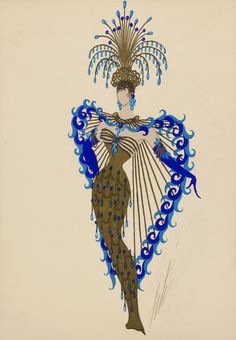 a drawing of a woman with blue hair and feathers on her head, holding a fan