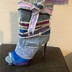 These Are One-Of-A-Kind, Hand-Painted, Then Splattered Denim High Heel Boots. Pictures Do Not Do These Shoes Justice! Size 6 Boots Pictures, Heel Boots, Faux Fur Coat, High Heel Boots, Shoes Heels Boots, High Heel, Shoes Women Heels, Heeled Boots, Fur Coat