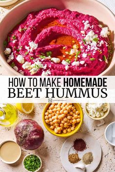 beet hummus in a bowl with the words how to make homemade beet hummus