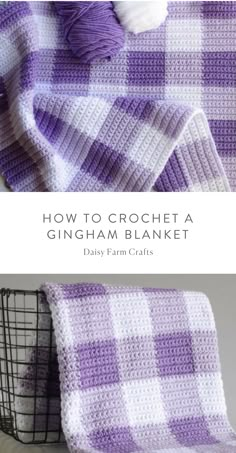 crochet purple gingham blanket with yarn on it and the text overlay reads, free pattern