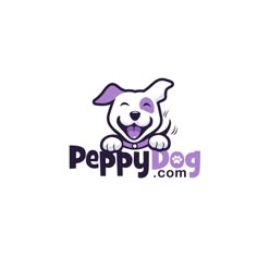 the logo for peppy dog com is purple and has a smiling dog on it's chest