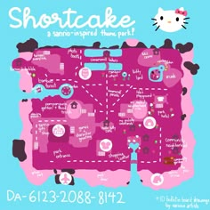 a pink map with hello kitty on it and the words shortcake written in different languages