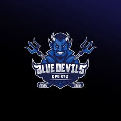 the blue devil sports logo is shown on a dark background, with an evil face and two