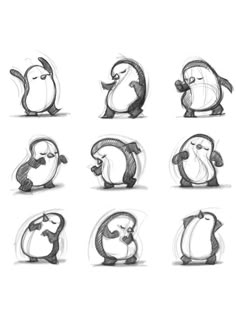 some penguins that are drawn in different ways