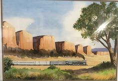 a painting of a train going through the desert