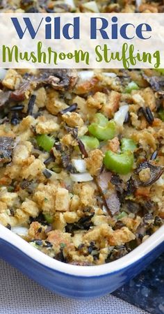 a casserole dish filled with stuffing and vegetables