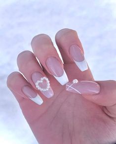 French Tip Nails Cute Heart Nails Coquette Nails Etsy Pearl Heart Nails, Simple Korean Nails, Coquette Nail Ideas, Coquette Nail, Coquette Nails, Nails Heart, Asian Nails, Easy Nails, Pretty Gel Nails