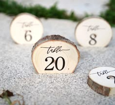 the table numbers are placed on wood slices