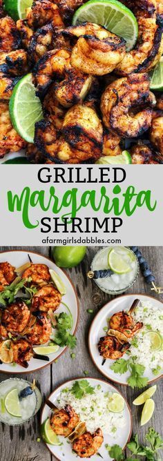 grilled margarita shrimp with lime wedges on the side and another plate full of food