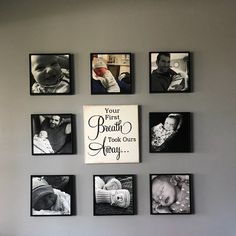 there are many pictures on the wall in this room, and one is holding a baby