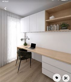 a computer desk with a laptop sitting on top of it next to a book shelf