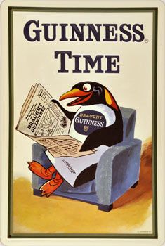 a penguin sitting in a chair reading a newspaper with the words guinness time on it