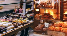 a display case filled with lots of different types of donuts and pastries on top of wooden trays