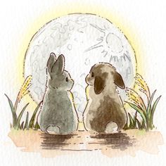 two rabbits sitting next to each other in front of a full moon with grass on the ground