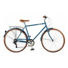 a blue bicycle is shown with brown rims on the front and back tire hubs