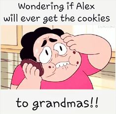 a woman talking on a cell phone with the caption, wondering if alex will ever get the cookies to grandmas