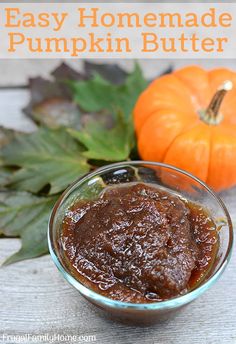 an easy homemade pumpkin butter recipe in a small glass bowl with leaves around the edges