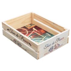 a wooden box filled with lots of different pictures and writing on the inside of it