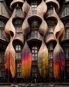 an artistic building with multiple colored leaves on it's side and windows in the background